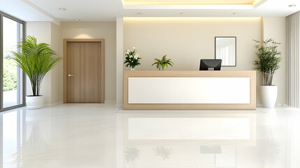Modern hotel reception desk, lobby,  plants, calm atmosphere, business