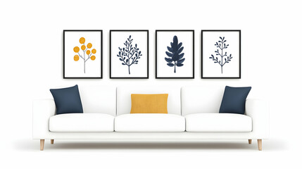 Modern living room with white sofa, navy and mustard pillows, and botanical prints