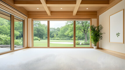Modern Japanese-style room with garden view, perfect for relaxation or meditation, could be used in interior design or tourism catalogs