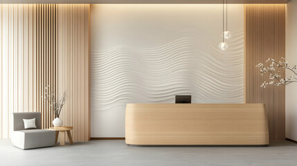 Modern minimalist reception desk in a light-filled, tranquil waiting area. Ideal for a hotel, spa, or clinic