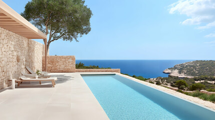 Modern Mediterranean villa pool overlooking ocean. Potential stock photo use