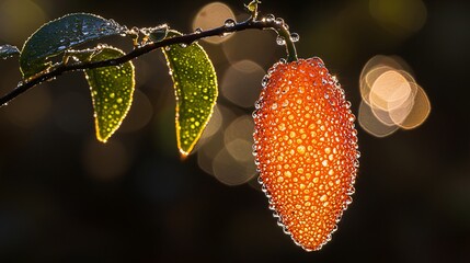 Dew-covered fruit at sunrise, bokeh background; nature photography