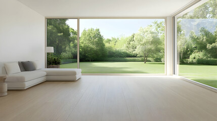 Modern open-plan living room with garden view; suitable for interior design or real estate; spacious and bright