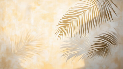 Fototapeta premium A poetic composition of diffused palm shadows elegantly stretching across a textured cream-colored wall, an interplay of organic shapes and soft light forming a peaceful and evocative background, mast