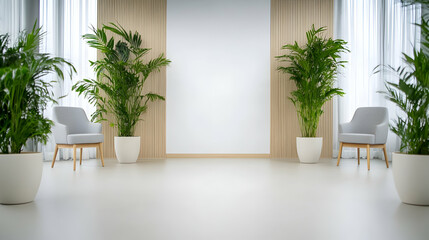 Modern waiting room with plants and chairs