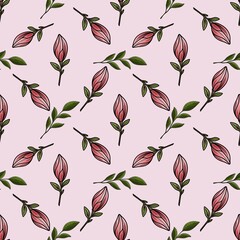 Seamless Pattern Green Magnolia Leaves with Magnolia Bud Small Design on Pastel Pink Background