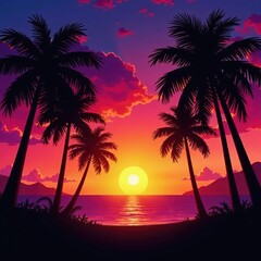 Silhouetted palms at vibrant sunset, Hawaiian sky , contrast, vibrant, idyllic