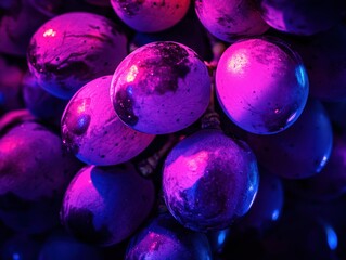 Vibrant grape clusters glisten under colorful lighting in a surreal display of nature's bounty