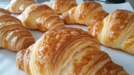Freshly baked croissants with flaky golden layers bakery food photography cozy kitchen close-up culinary delight