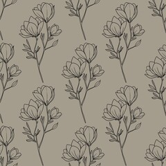 Seamless Pattern Magnolia Blossom Outline Branch Small Design on Pastel Gray Background
