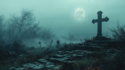 Naklejka premium grave in the cemetery with fog and moon halloween concept