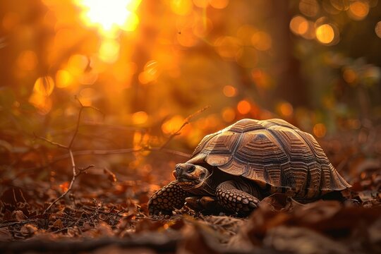 Turtle walks along a shimmering water edge in the golden afternoon light, showcasing its unique shell patterns and the beauty of nature