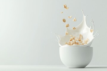 Flying Splashes of Milk and Cereal Above a White Bowl on a Light Grey Background