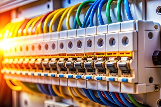 Intricate detail of a UK consumer unit MCB,  a culinary-style close-up.  Expertly captured electrical components.