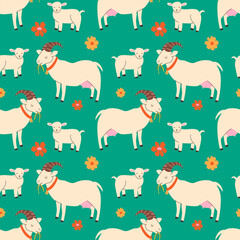 Cute goat and baby goat seamless pattern on green background