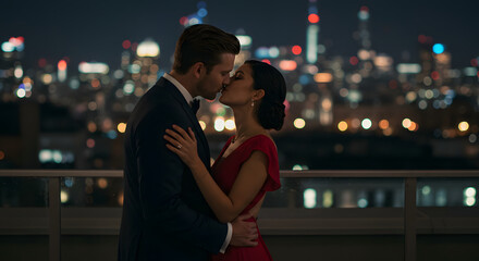 Couple wearing elegant evening attire sharing a gentle kiss on a rooftop terrace, city skyline4