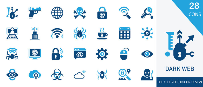 Dark web solid icon set. containing  encrypted,  computer,  data, network, security, website, internet and more vector design 