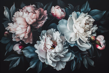 Dark floral vintage wallpaper. Elegant floral arrangement, the intricate details of the petal textures and natural hues