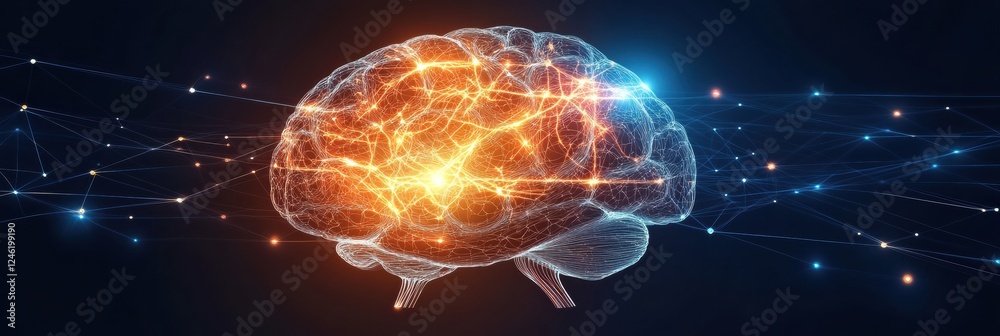 Poster Scientific illustration of the brain and nervous system with glowing neuron pathways and electrical pulses in a dark background. Generative AI
