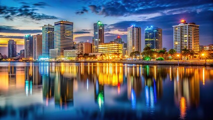 Luanda, Angola cityscape:  buildings illuminated at dusk. Architectural photography.