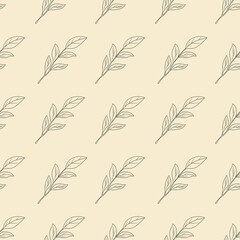 Seamless Pattern Outline Magnolia Leaves Small Design on Pastel Yellow Background