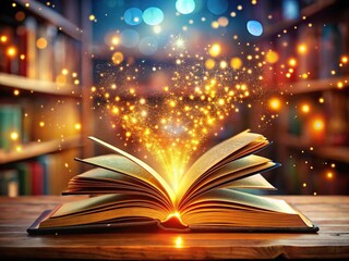 Magic within open books, illuminated by bokeh lights, AI-crafted.