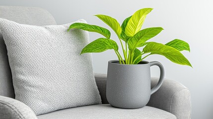 Peace lily plant in grey pot on grey armchair