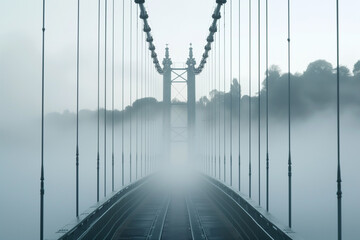 Foggy morning view of a suspension bridge disappearing into the mist.