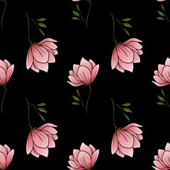Seamless Pattern Stylish Magnolia Floral Small Design on Black Background