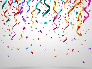 Festive confetti ribbons falling on gray background
