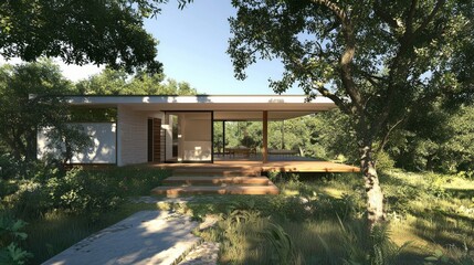 Obraz premium Modern house nestled in a lush green forest landscape, showcasing its minimalist design and wooden deck.