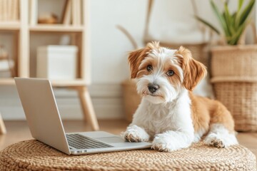 Curious Puppy Explores Laptop in Cozy Minimalist Home Office Space With Wooden Flooring