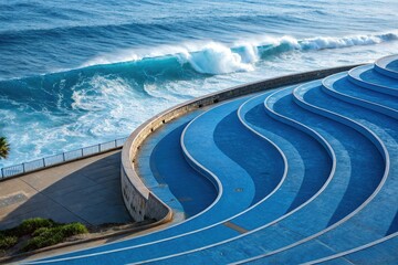 Modern, curved aerial shots, blue backdrop.