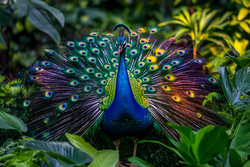 Obraz premium Majestic Peacock in Full Display Amidst Lush Greenery Capturing Nature's Elegance and Beauty