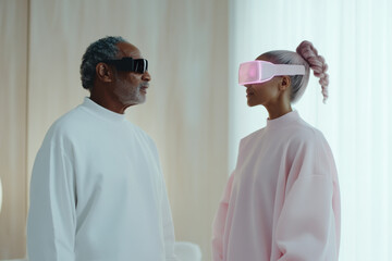 Senior man and woman wearing futuristic vr glasses interacting in modern interior