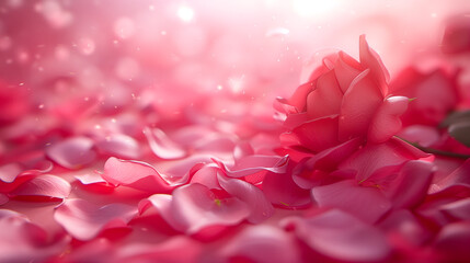 Fototapeta premium Beautiful pink rose surrounded by delicate rose petals in soft light.