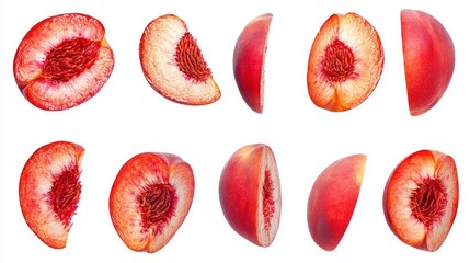 Freshly cut peach segments reveal their juicy red flesh and velvety skin, ideal for enhancing desserts and summer salads, symbolizing sweet seasonal abundance