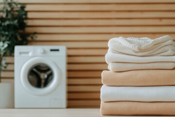 Stack of clean clothes washed with bio laundry detergent eco friendly washing machine