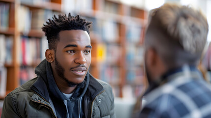 Side view portrait of black student talking to mental health therapist or guidance counselor in college library