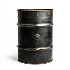Black metal drum, studio shot, white background, industrial design