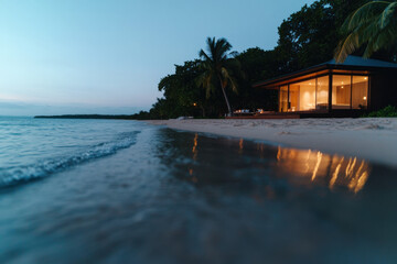 Fototapeta premium Tropical beach house reflecting on the ocean at dusk