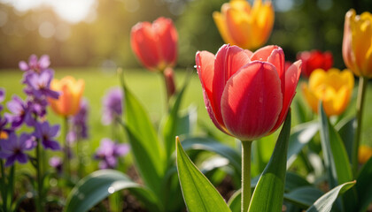 Fototapeta premium Colorful tulips glisten in sunlight against vibrant flower bed, nature's beauty