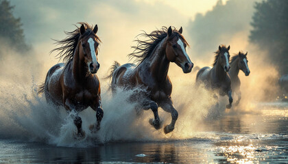 Wild horses gallop through a misty river, bathed in golden sunlight with dynamic splashes.