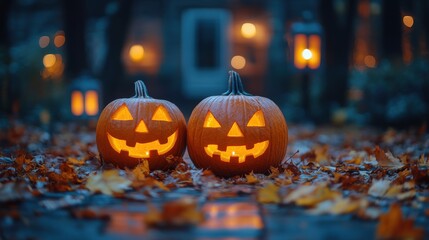 Fototapeta premium halloween background with pumpkins lanterns and leaves on old wooden table