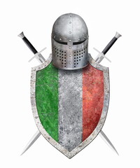  knight shield helmet and two swords  on white