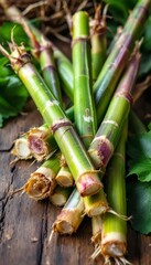 Fototapeta premium A Vibrant Assemblage of Freshly Harvested Sugarcane Stalks on Rustic Wood