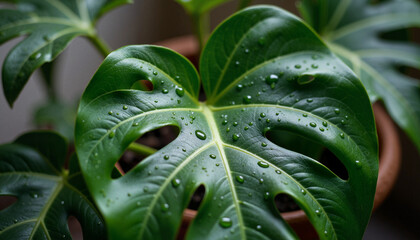 Fototapeta premium Raindrops on ficus leaf in minimalistic home decor, soothing ambiance