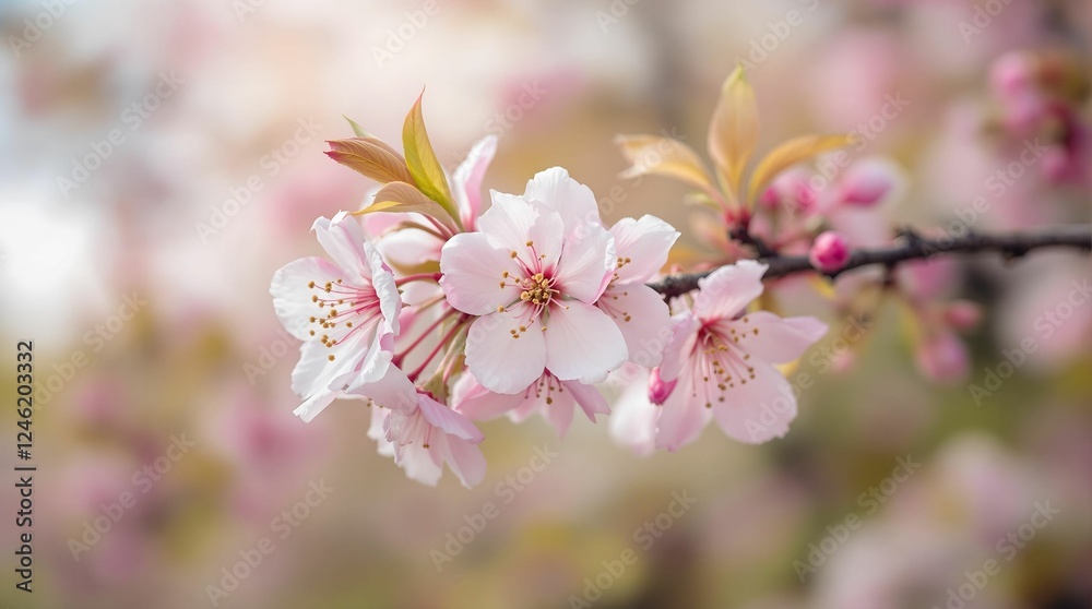 Poster a close-up of delicate pink cherry blossoms on a tree branch, with a blurred background that suggest
