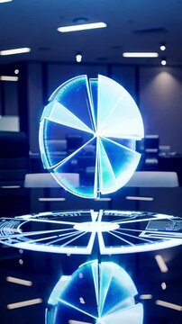 Eye-level closeup, holographic pie chart floating in a dark corporate boardroom, ethereal blue and white glow with transparent overlays, creating a sense of future-forward decision making.
