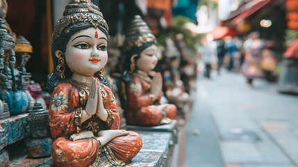 Hindu Goddess Statues on Display in a Busy Street Market